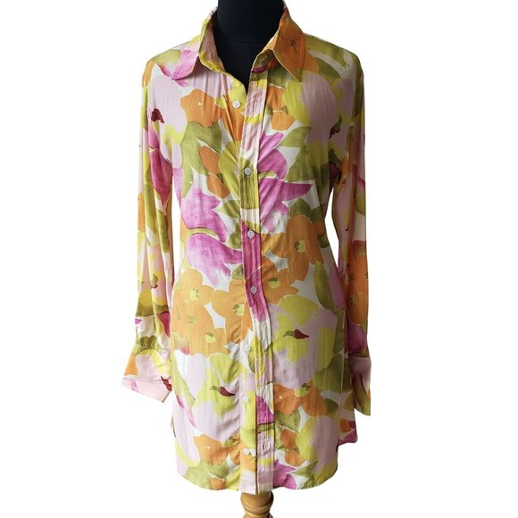 With Jean Pink Green Yellow Orange Floral Long Sleeve Button Front Collar Dress - Picture 11 of 16